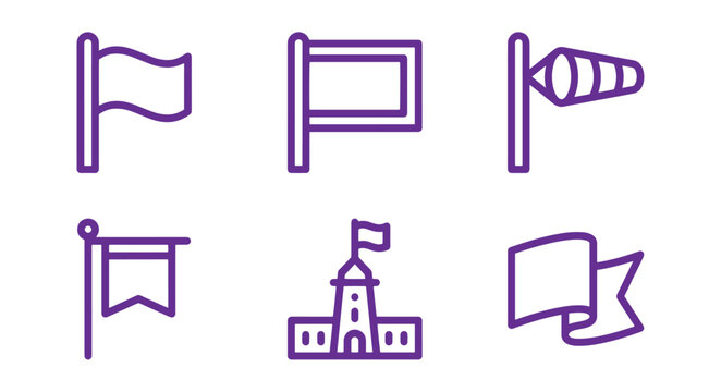 A set of six purple line depicting various flag styles, a windsock, a banner, and a building with a flag on its roof, isolated on white