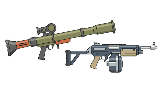 Illustration of military weaponry including a heavy rocket launcher and a tactical machine gun with a drum magazine.