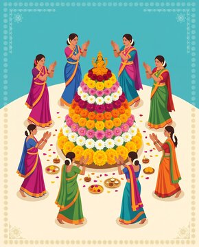Women celebrating Bathukamma festival with floral arrangement