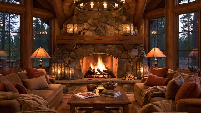 Rustic lodge living room interior featuring a grand stone fireplace with burning logs, wooden ceiling beams, and comfortable sofas