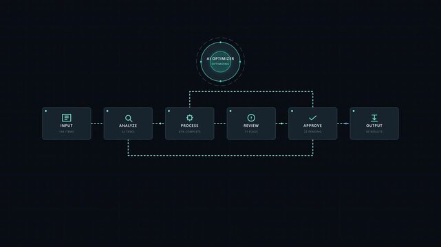 An abstract animation showing AI optimizing business process automation, routing error paths, resolving bottlenecks, and improving workflow efficiency in a seamless digital loop.