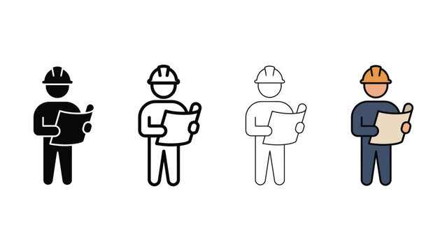 Construction worker with blueprint in hand during planning isolated on white background