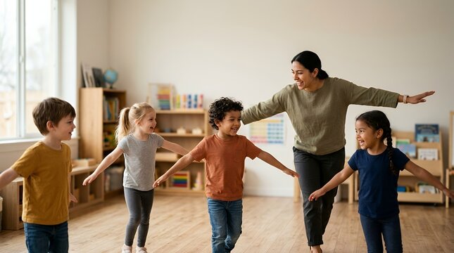 A cheerful teacher and group of young children playing together in a bright preschool classroom.
