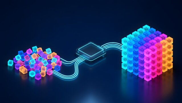 Big data processing concept featuring colorful disorganized digital cubes transforming into structured database matrix through central network processor