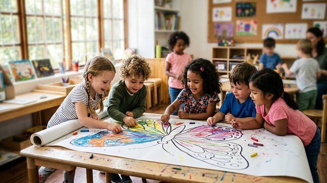 Diverse group of happy children coloring a large butterfly drawing together in a bright classroom.