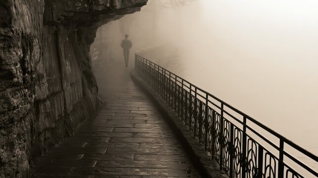 Sepia toned of a person walking on a narrow stone path along a cliff edge with a metal railing, surrounded by dense mountain fog