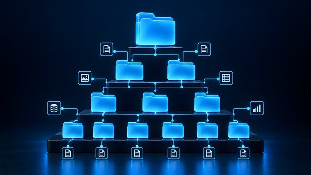 Digital document management system hierarchical structure with glowing blue file folders for corporate data organization and network database concept