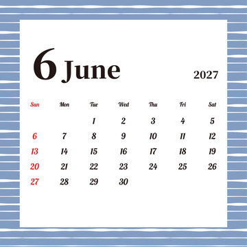 2027年 6月の月別カレンダー 青のボーダー背景 祝日なし