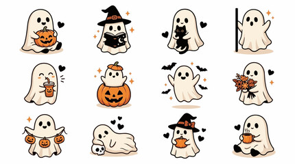 Fototapeta premium Cute Halloween Ghost Sticker Set