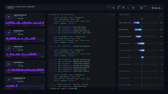 Cinematic 4K dark-mode command center dashboard showcasing Agentic AI monitoring autonomous tasks with real-time execution and an ultra-premium feel in vibrant colors.
