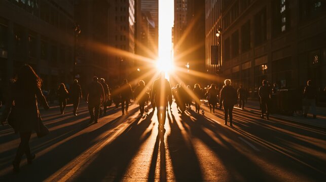 Silhouetted crowd of people walking down a city street during a bright golden sunset with dramatic lens flare and long shadows on the pavement
