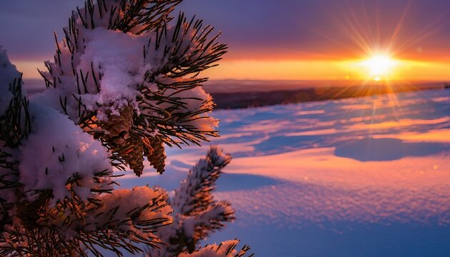 Pine cone and branches dusted with snow during a vibrant sunset.
