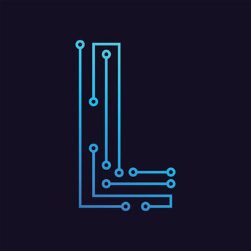 Letter L Futuristic Circuit Board Logo Design With Glowing Blue High Tech Microchip Nodes on Dark Background