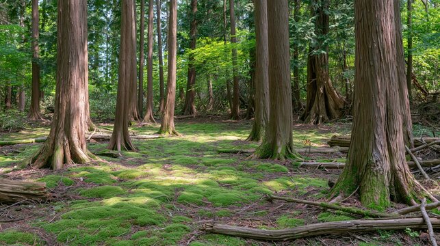 Forest floor covered in moss with tall trees