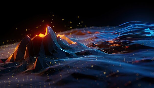 Abstract 3D render of a low-poly landscape with glowing particles.