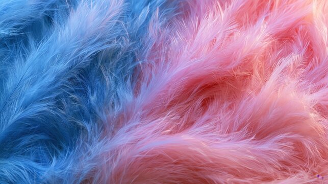 Soft fluffy feather texture background, with a split, color effect featuring, vibrant blue on, the left and, warm pink on, the right side surfaces