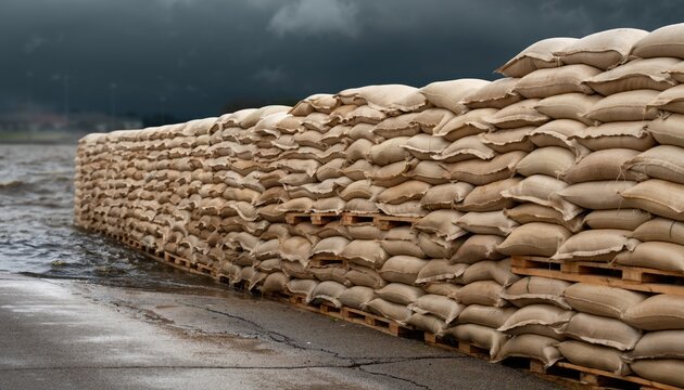 A large wall of sandbags protects against rising water under a stormy sky.