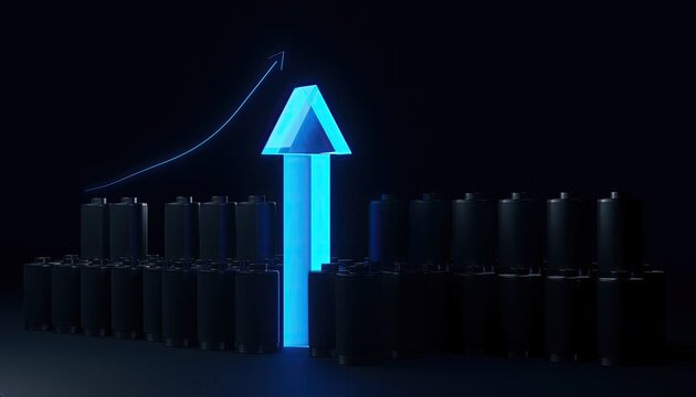 A luminous blue arrow spearheads a rising graph against a backdrop of dark cylinders.