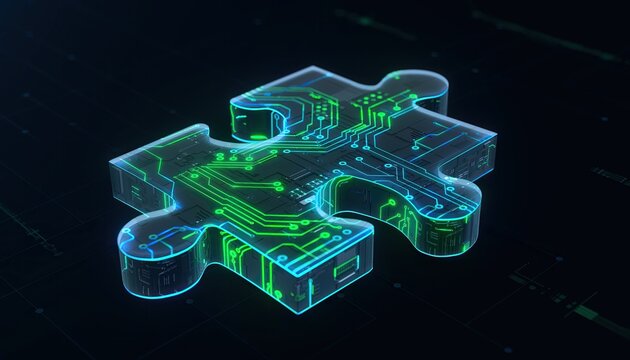 A 3D rendered puzzle piece with integrated circuitry.