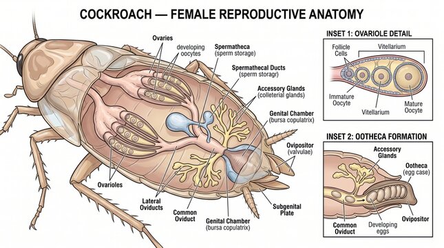 Detailed diagram illustrating the female reproductive anatomy of a cockroach with labels
