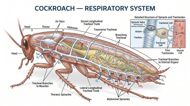Detailed anatomical diagram of the cockroach respiratory system showing internal structures