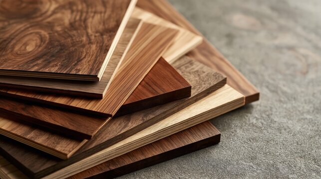 Stack of various wooden veneer samples with different grain patterns and textures arranged on a grey stone surface for interior