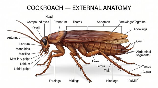 Detailed diagram illustrating the external anatomy of a cockroach insect