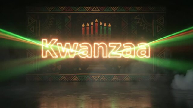 Glowing neon typography of Kwanzaa with a kinara candle holder and tribal patterns in the background with light beams