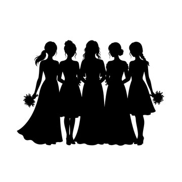 Bridesmaids group silhouette, wedding party black vector art