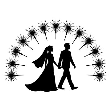 Wedding sparkler exit silhouette, bride groom celebration vector art