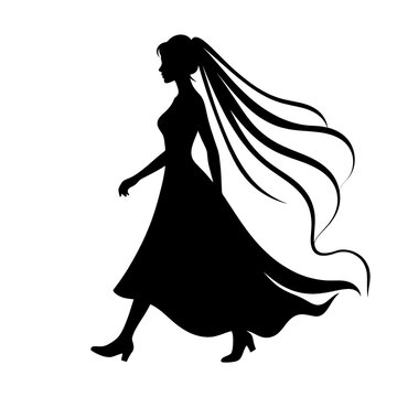 Bride walking with flowing veil silhouette, elegant wedding vector art