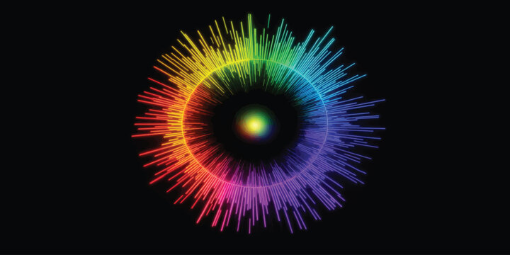 Circular rainbow sound wave pulse visualization with radial spectrum audio technology music visualizer glowing ring frequency center digital audio colorful circle sound energy high energy