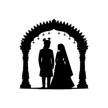 Indian wedding couple at temple silhouette, traditional bride vector art