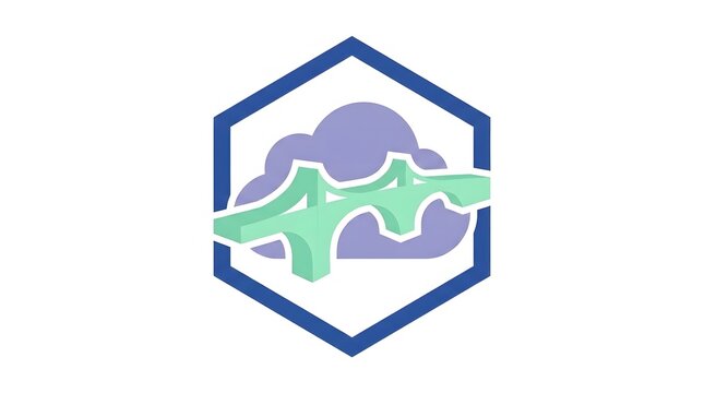 Modern Hexagonal Logo Featuring a Stylized Bridge Integrated with a Cloud Symbol Representing Digital Infrastructure and Network Connectivity