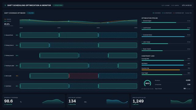 4k shift scheduling optimization ai monitor interface with staff allocation charts graphs, for workforce management, productivity planning, data analytics