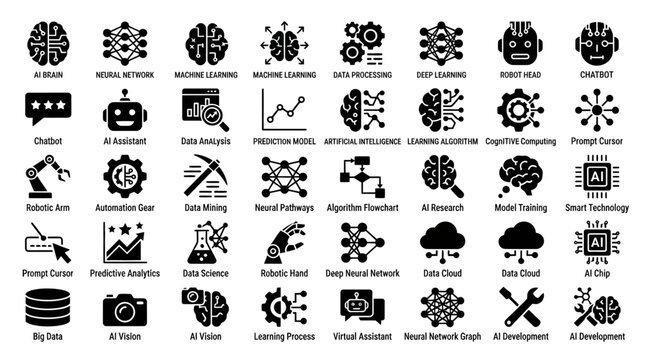 Advanced artificial intelligence and data science glyph icon collection.