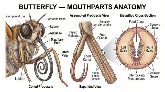 Detailed illustration of butterfly mouthparts anatomy showing coiled proboscis and crosssection