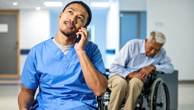 Male Nurse or Caregiver in Blue Scrubs Talking on a Smartphone in a Hospital Hallway with a Senior Man in a Wheelchair