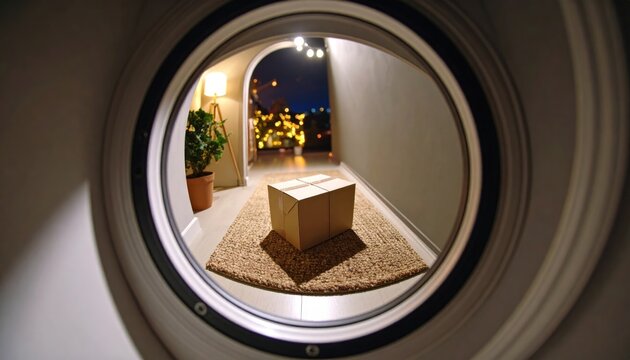Cardboard Delivery Package Sitting on Rug inside an Apartment Entryway Viewed Through a Peephole
