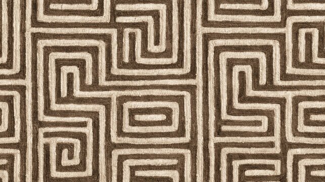 Tan and cream geometric maze pattern with interlocking rectangular lines and repeating angular shapes on a textured fabric surface