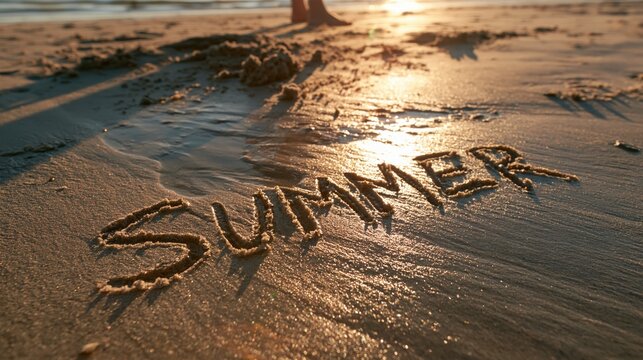 The word summer written in the wet sand on a beach at sunset with golden light reflecting on the water and wet surface of the shoreline sand