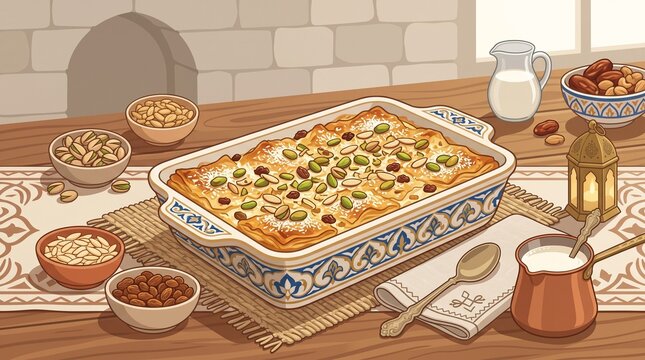 An illustrated baking dish of traditional Egyptian Om Ali dessert, topped with nuts, raisins, and coconut flakes, surrounded by ingredients and a lantern.   