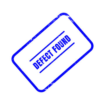 A blue rectangular rubber stamp impression on a white background featuring the bold text defect found inside a simple outlined border for inspection