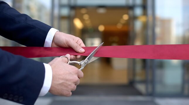 person cutting red ribbon opening ceremony, business launch, inauguration event, milestone celebration