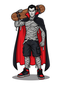 Cool Vampire Mummy Skater Holding Skateboard Vector Illustration