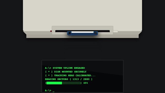 Retro Computer Loading Data From Floppy Disk