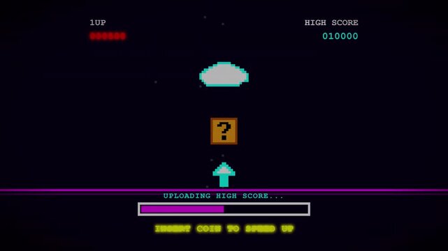 Retro Arcade Game UI with Cloud Data Upload Animation