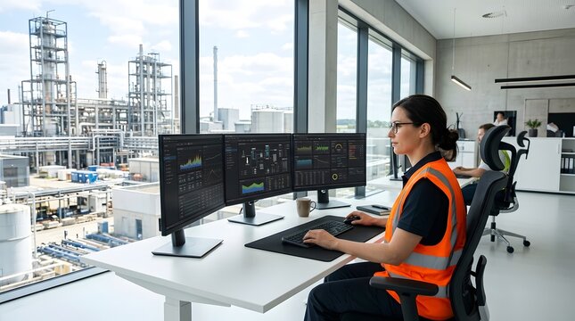 Industrial control room engineer monitoring operations