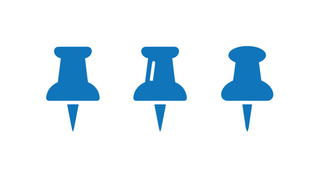 Three blue thumbtack push pin icons set with thumbtack stationery graphics minimalist fastener stationary supplies workplace important location business management