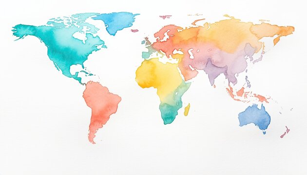 A colorful watercolor world map illustration.